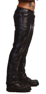
Police Leather Pants with Blue Stripe
